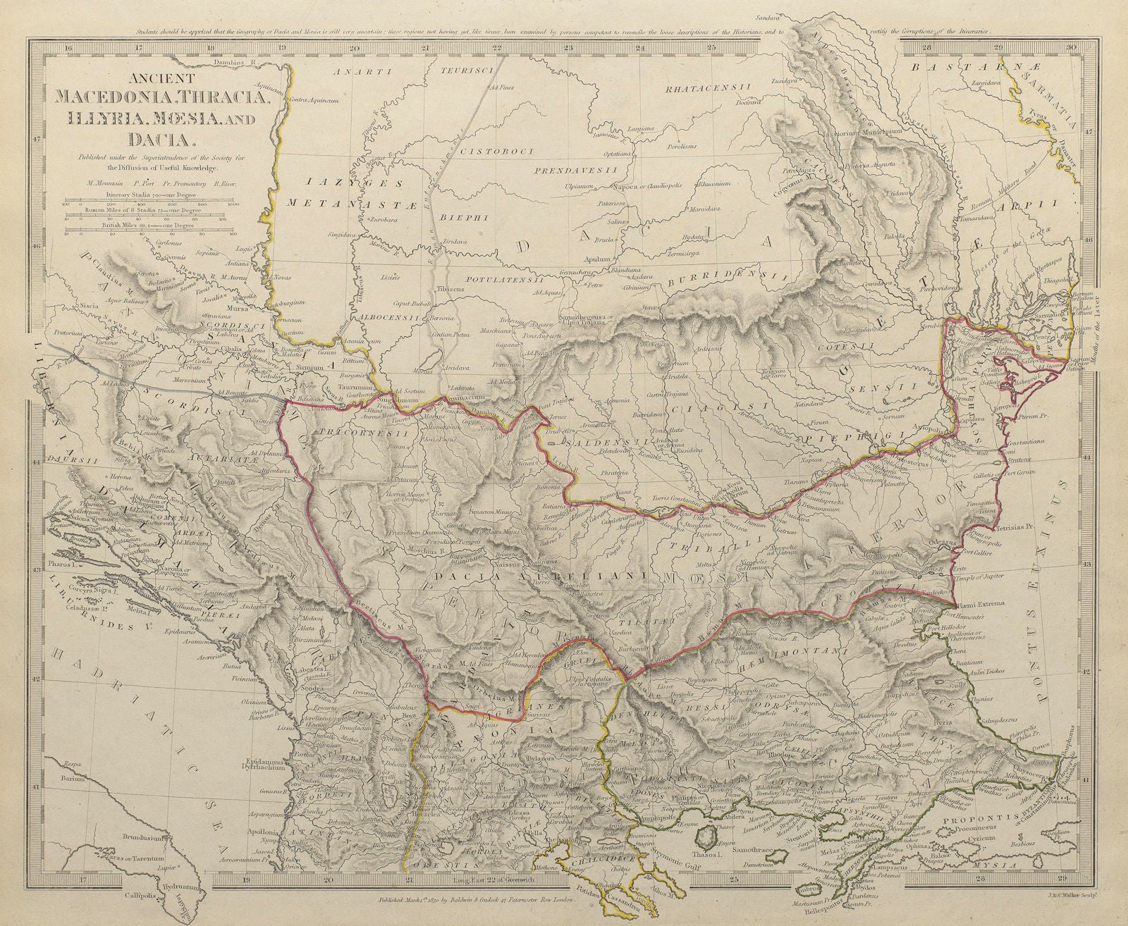 BALKANS ANCIENT Macedonia, Thracia, Dacia, Illyria & Moesia SDUK 1844 old map